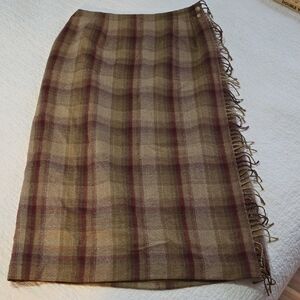 Talbots 100 Percent Wool Plaid Fringe Wrap Skirt Womens Size 14 Lined Multi